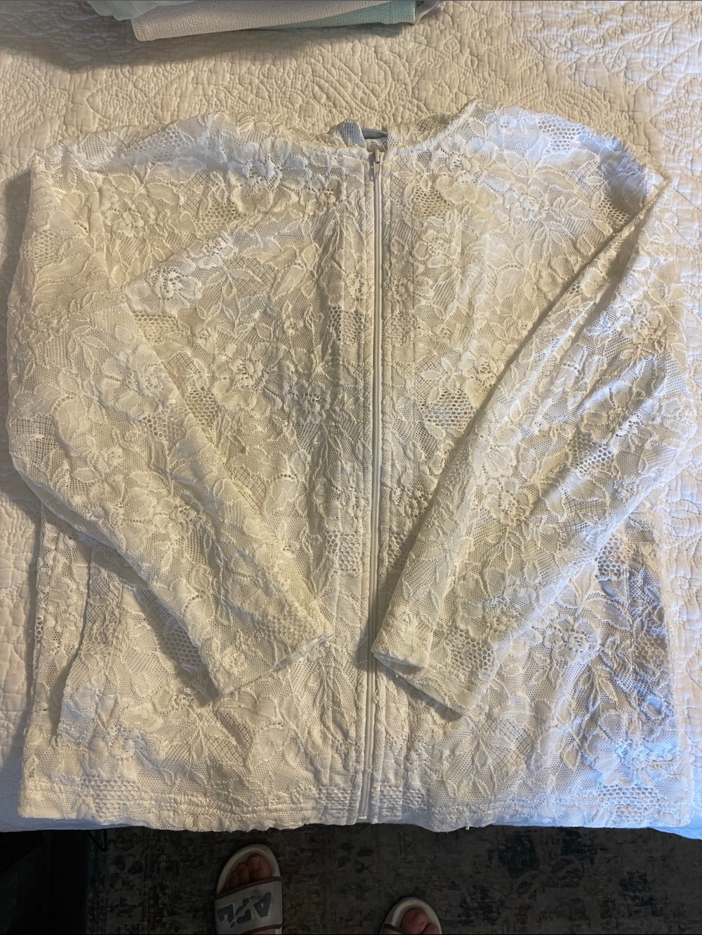 Chico's White Lace Zip-Front Bomber Jacket